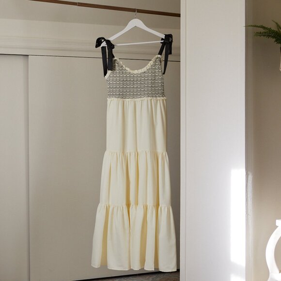 Solid Tiered Maxi Dress | Cream w/ Black Detail {Beach, Spring Break} NWOT - Picture 1 of 4